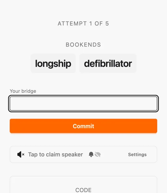 A phone showing Attempt 1 of 5, Bookends longship and defibrillator, and an input labelled Your bridge.