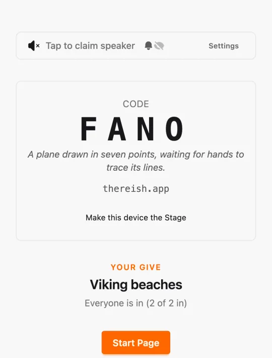 A phone showing Room code FANO with its quip, the player's Give 'Viking beaches', and a Start Page button.