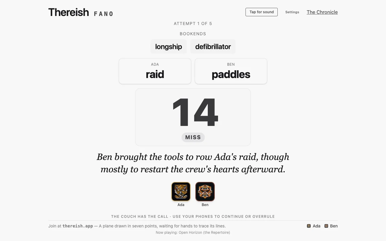 The Stage on a laptop: Bookends longship and defibrillator, Ada wrote raid, Ben wrote paddles, graded 14, MISS, with the quip: Ben brought the tools to row Ada's raid, though mostly to restart the crew's hearts afterward.