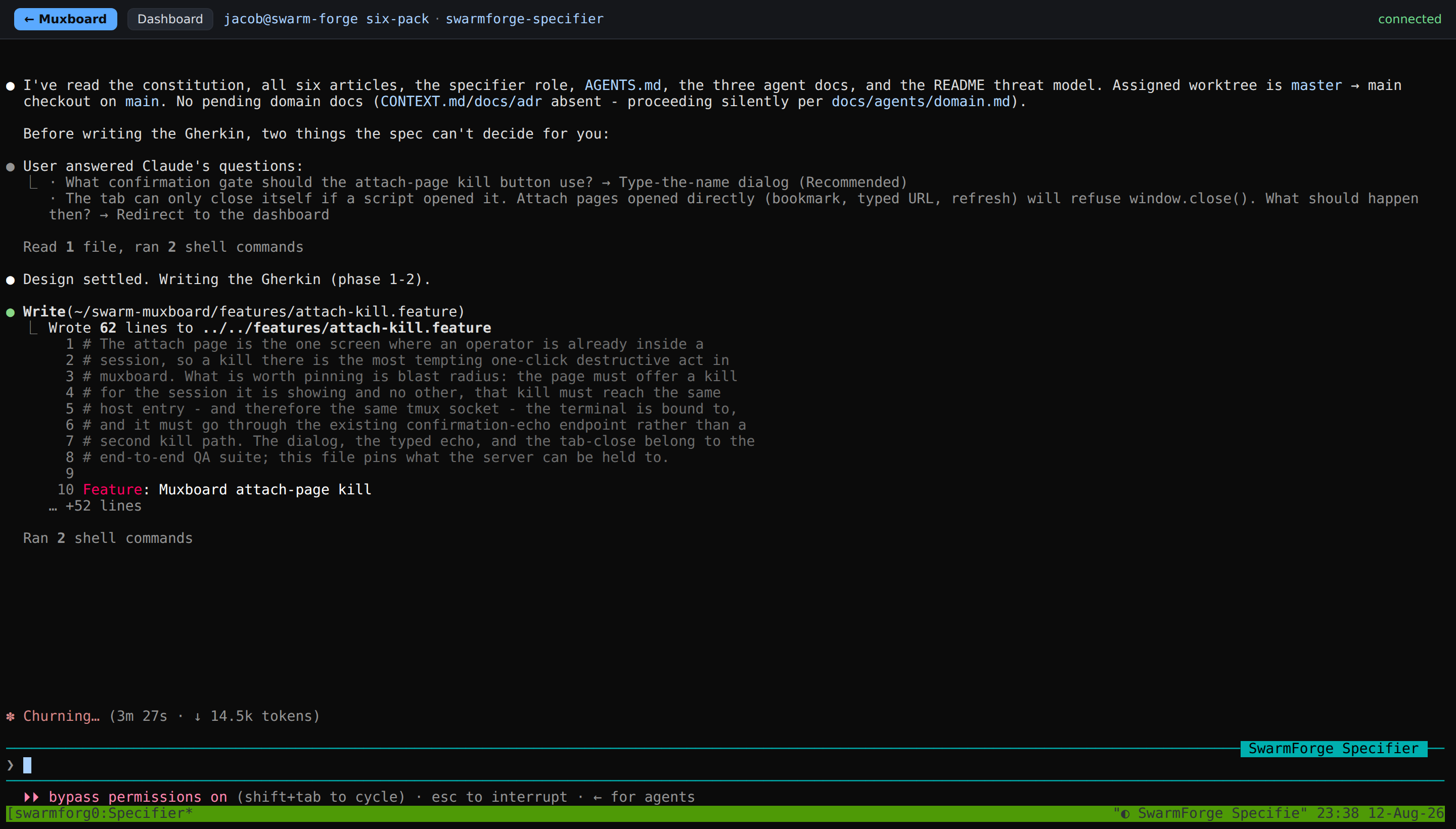 A browser terminal attached to the swarmforge-specifier tmux session, showing the agent writing features/attach-kill.feature, with a churning spinner reading 3m 27s and 14.5k tokens.