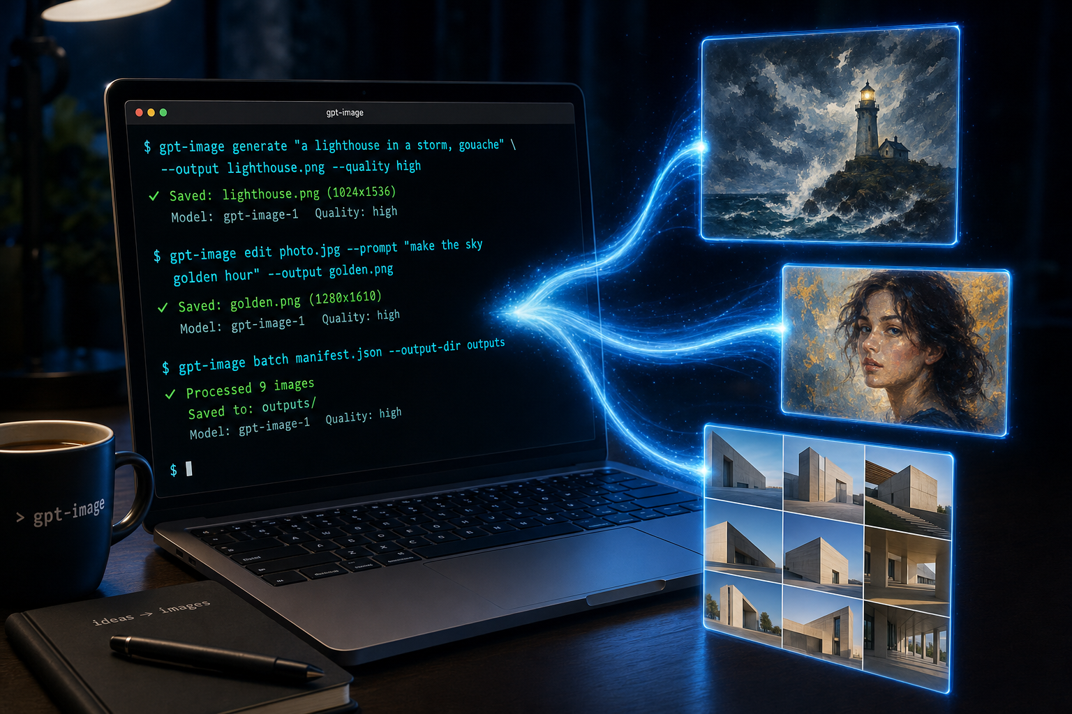 Product illustration of the inkvoke Go CLI: a dark terminal generating a lighthouse, a portrait edit, and a batch grid of images